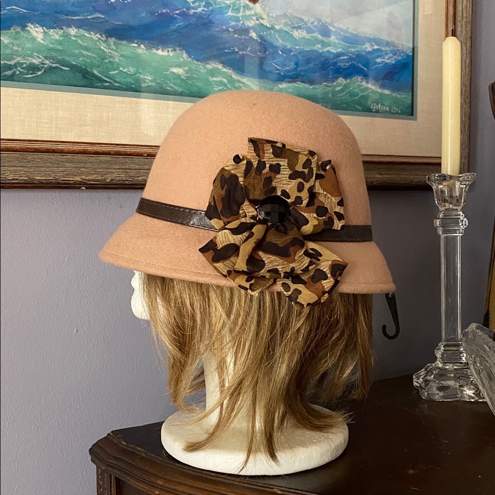 Tan FairWeather brand Cloche style hat 100% wool